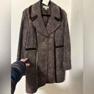 Nine West Brown/purple/gold Jacket/Pea Coat brocade patter, lined, velvet trim